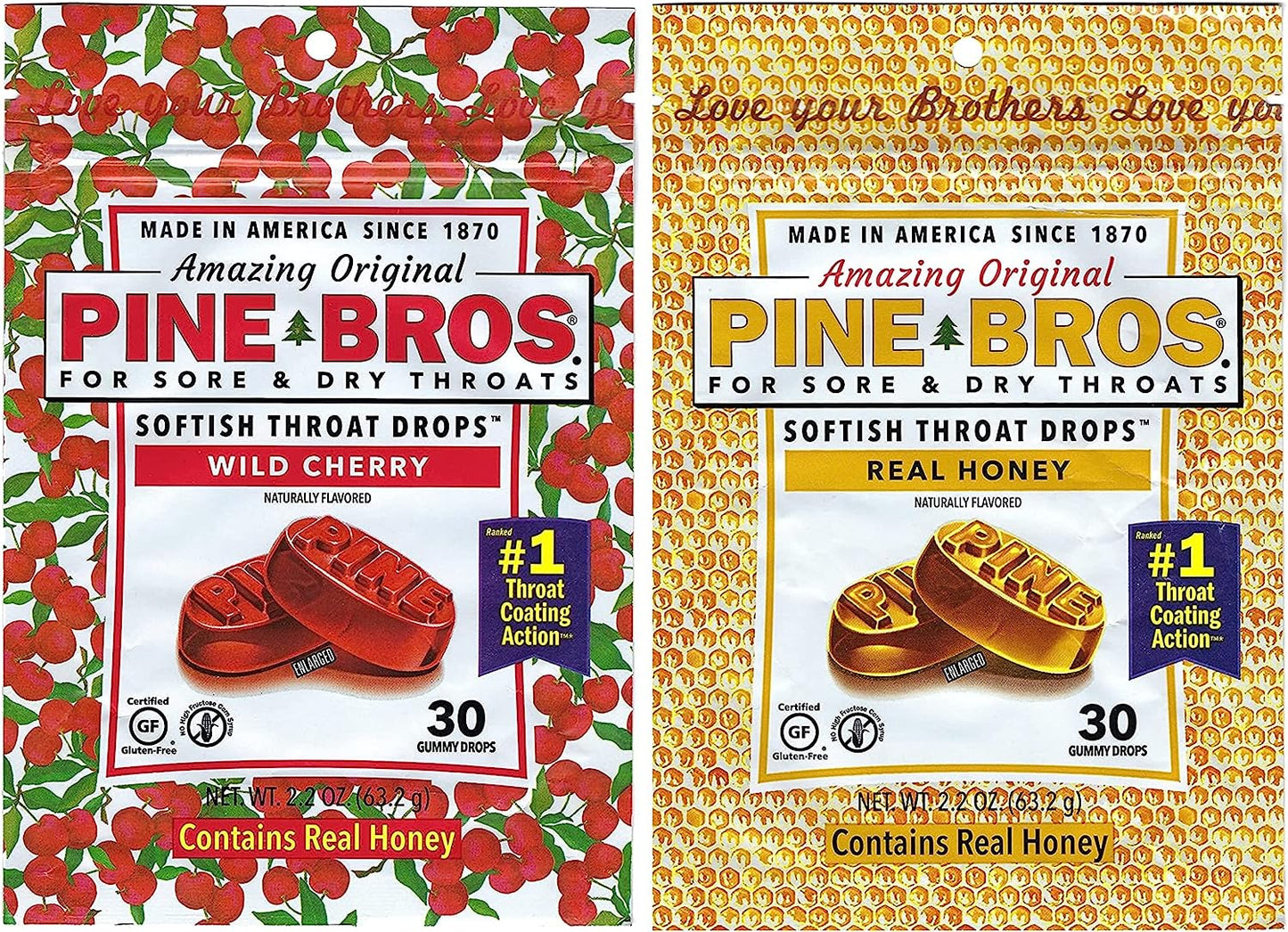 Pine Bros. Wild Cherry and Honey Softish Throat Drops (one 30ct bag of each)